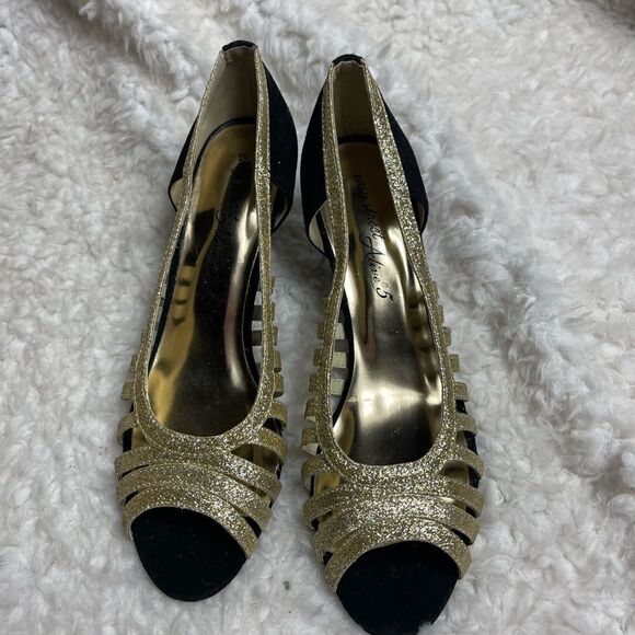 Easy Street gold sparkling and faux black suede strappy slip on open toe SZ8 - Picture 3 of 9